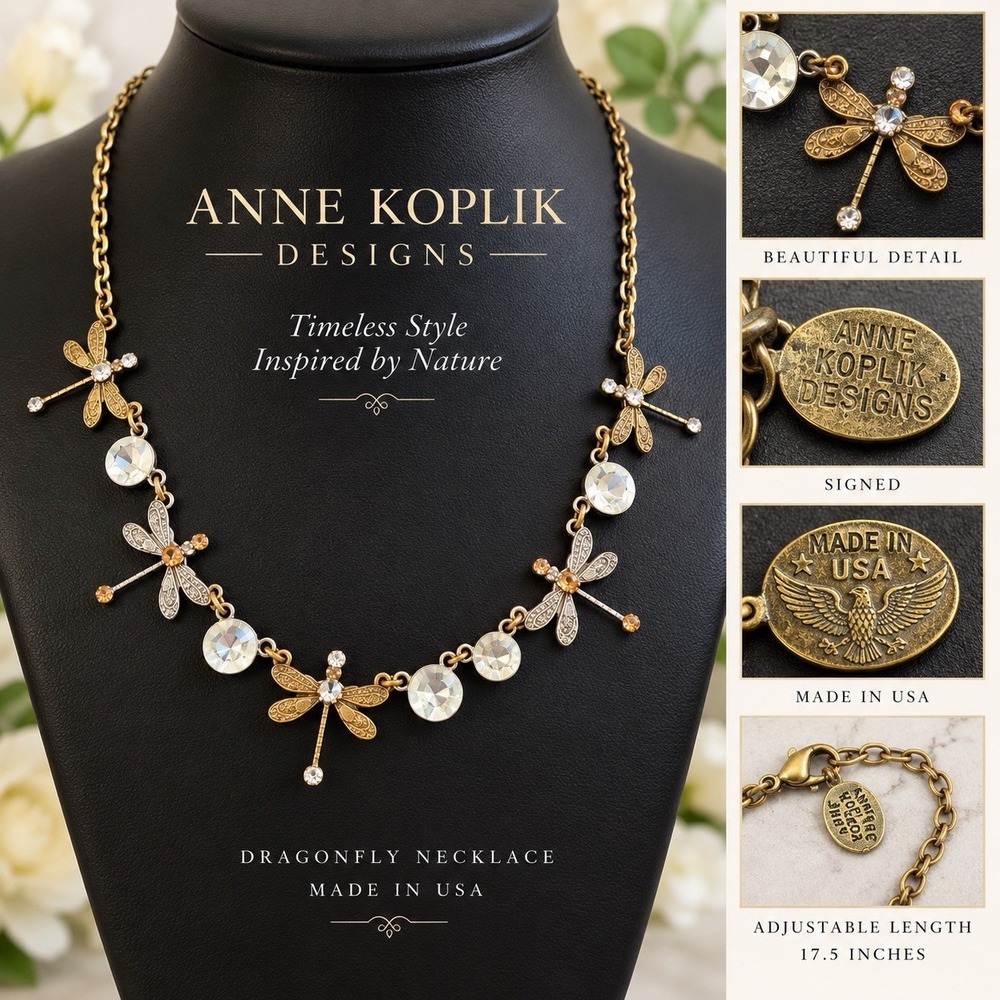 Anne Koplik Designs Dragonfly Necklace Crystal Rhinestone Mixed Metal 17.5" US